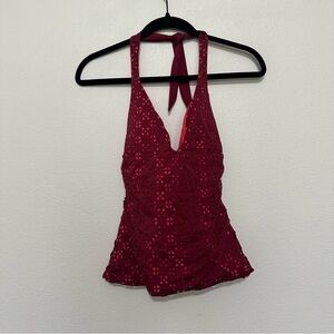 Loft beach lasercut burgundy &pink halter tie neck tankini swimsuit top size XS